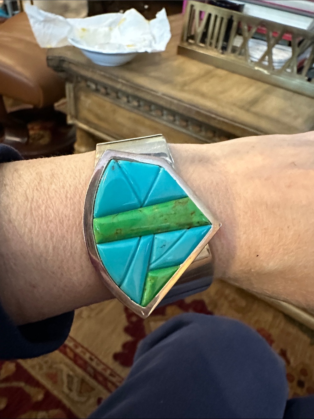 Jay King Turquoise and Green Inlay Sterling Cuff Bracelet